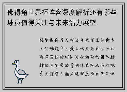 佛得角世界杯阵容深度解析还有哪些球员值得关注与未来潜力展望